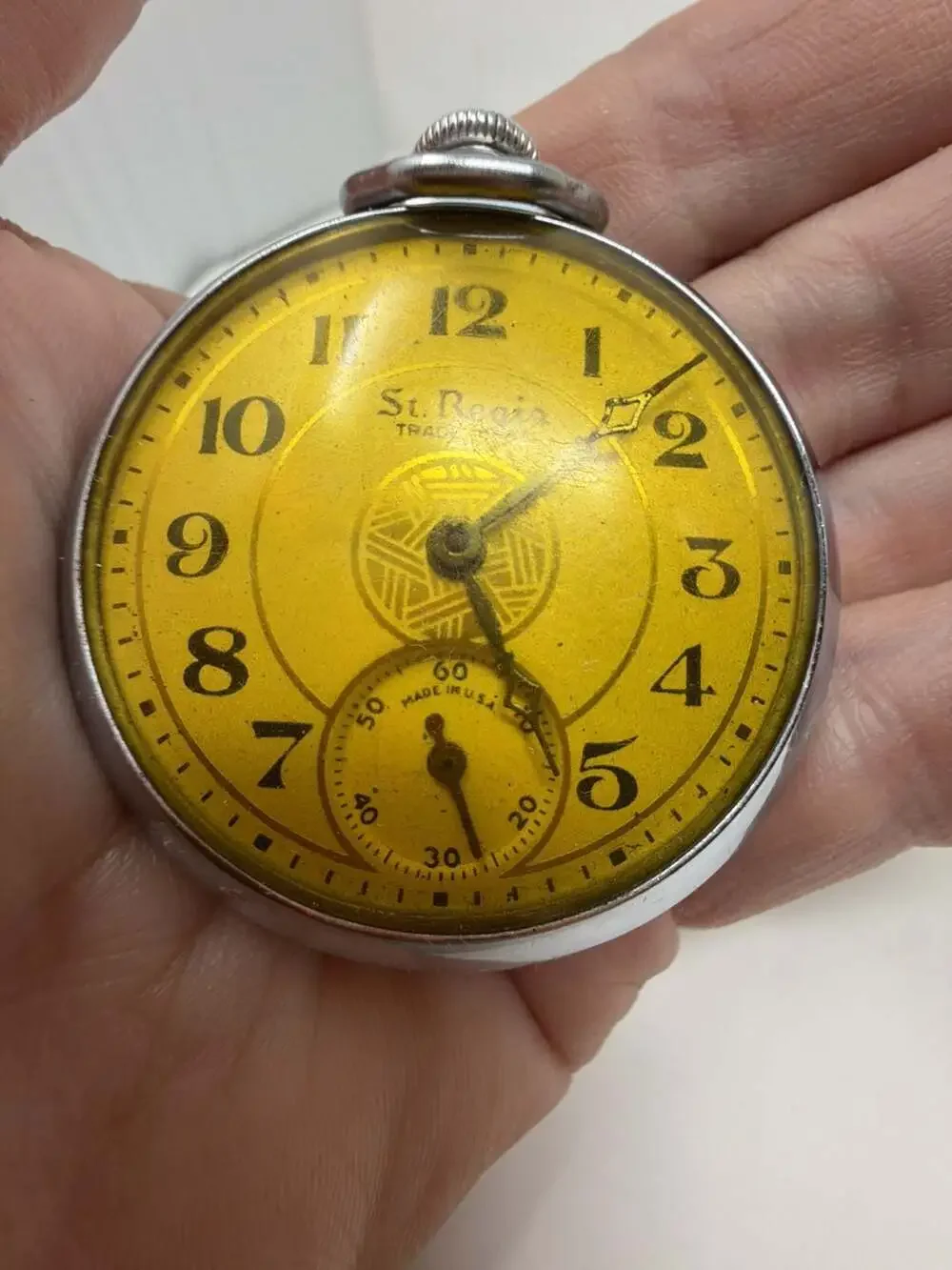 Vintage Ingraham St. Regis Trade Mark Wind-Up Pocket Watch with Yellow Art Deco